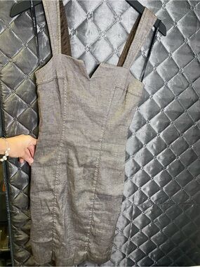 Vintage Bebe Grey Paneled Sheath Dress Notch Neck Imported Italian Fabric 00